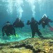 Load image into Gallery viewer, Four scuba divers exploring underwater rocky terrain
