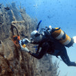 Load image into Gallery viewer, A diver taking a close-up photo of a nudibranch on a ship wreck in Malta
