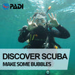 Load image into Gallery viewer, Scuba Diver giving double OK hand signals with the words "Discover Scuba: make some bubbles"
