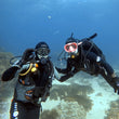 Load image into Gallery viewer, two divers giving an "ok" signal pleasure diving in the blue Mediterranean sea
